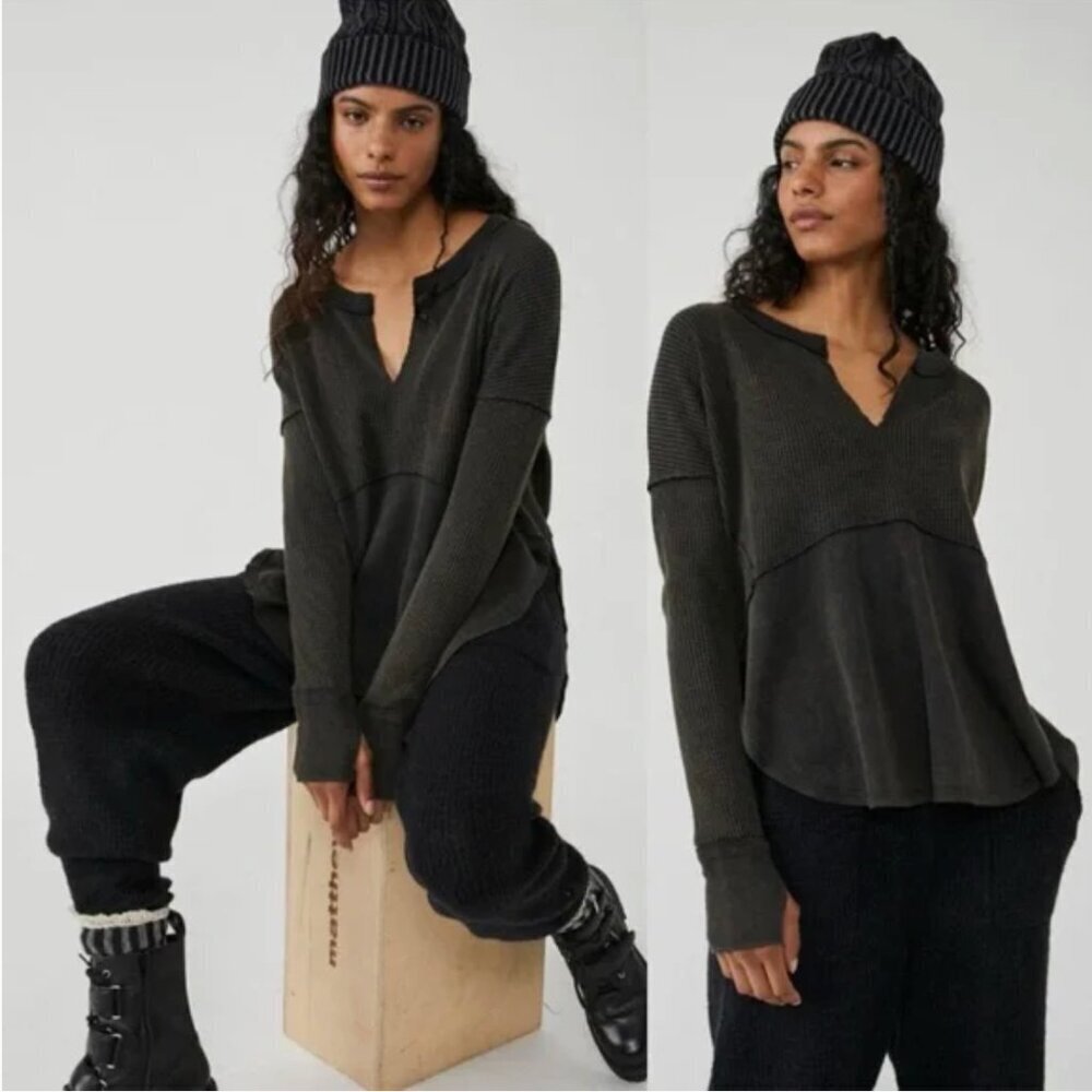 Free People We the Free Monterey Oversized Thermal Waffle Knit Top Shirt Small